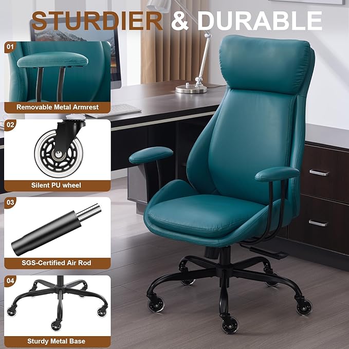 Office Chair, Leather Desk Chair with Rubber Wheels, Ergonomic Computer Chair 500 LBS with Lumbar Support, High Back Executive Chair for Modern Home Office, Green