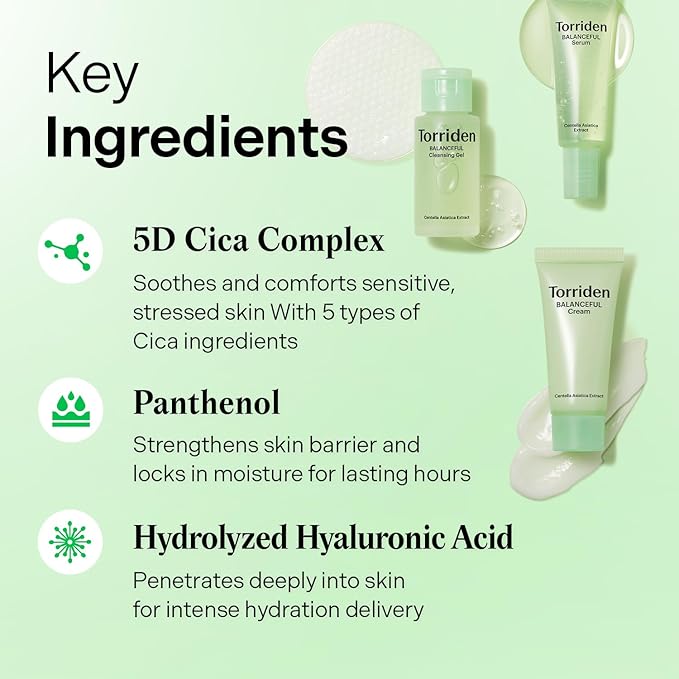Torriden BALANCEFUL Cica Trial Kit, 5D Cica Infused Daily Skincare Kit - 4 Step Regimen with Cleansing Gel, Toner Pad, Serum, and Cream | Travel Essential | Korean Skin Care Set