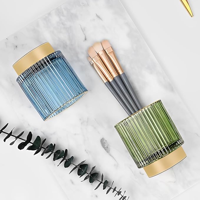 Makeup Brush Holder Organizer, Heavy Crystal Glass Brush Storage Holder, Vintage Cosmetic Make Up Bathroom Brushes Cup Pen Pencil Toothbrush Holder Striped Vase (S+L (green))