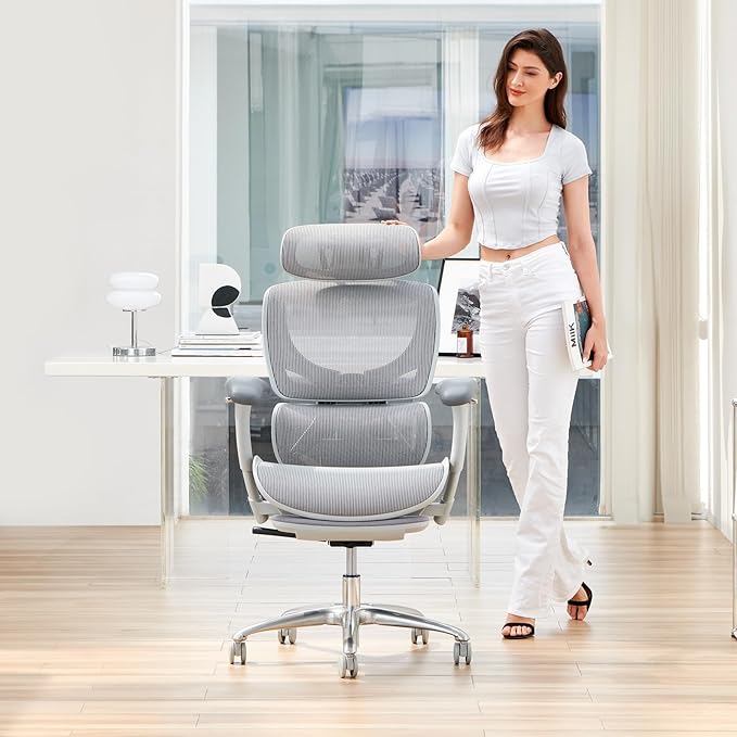 COLAMY Ergonomic Mesh Office Chair, High Back Desk Chair with Footrest, Adjustable Headrest and 3D Arms, Fixed Tilt Lock, Lumbar Support, Breathable Mesh Computer Chair for Home Office,Grey