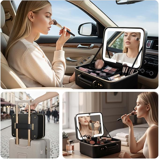 Prite Makeup Bag With LED Mirror 3 Light Modes Adjustable Brightness, Travel Cosmetic Train Case with Adjustable Dividers & Brush Holder, Portable Makeup Artist Organizer Bag for Women(Black)