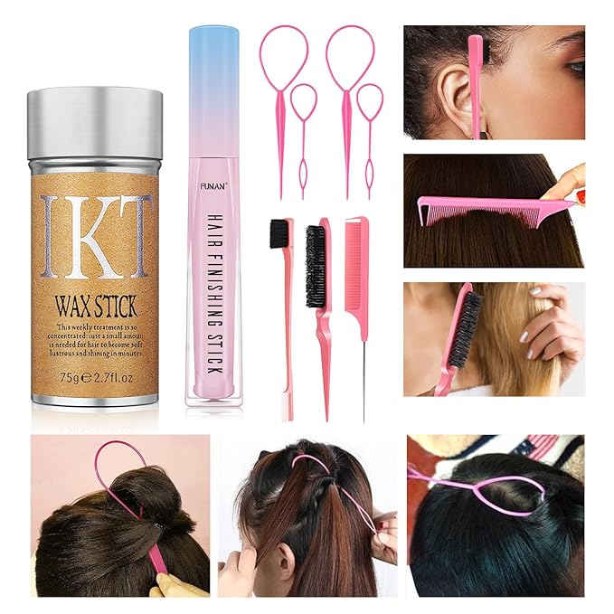 9Pcs hair finishing stick Set with hair finishing stick, hair wax stick, Hair Tail Tools, Hair Comb Kit for Woman Girl Hair Styling, Non-Greasy and Non-Sticky, Edge&Back Brushing(Pink)