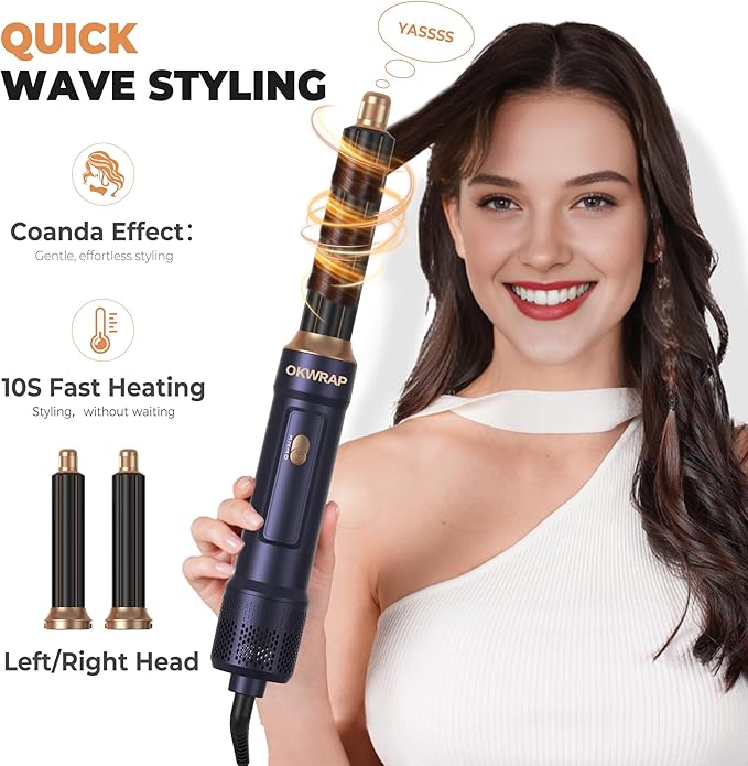 6 in ONE Blow Dryer Brush, Curling Wand Hair Styling Tools Set, Ionic Hot Air Hair Dryer, Massage Oval Hair Dryer, Left&Right Hair Curlers 100-120V