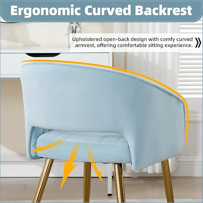 ABET Desk Chair with No Wheels, Velvet Home Office Armchair Gold Legs, Upholstered Modern Accent Chairs, Side Chair for Living Room Bedroom Vanity, Light Blue