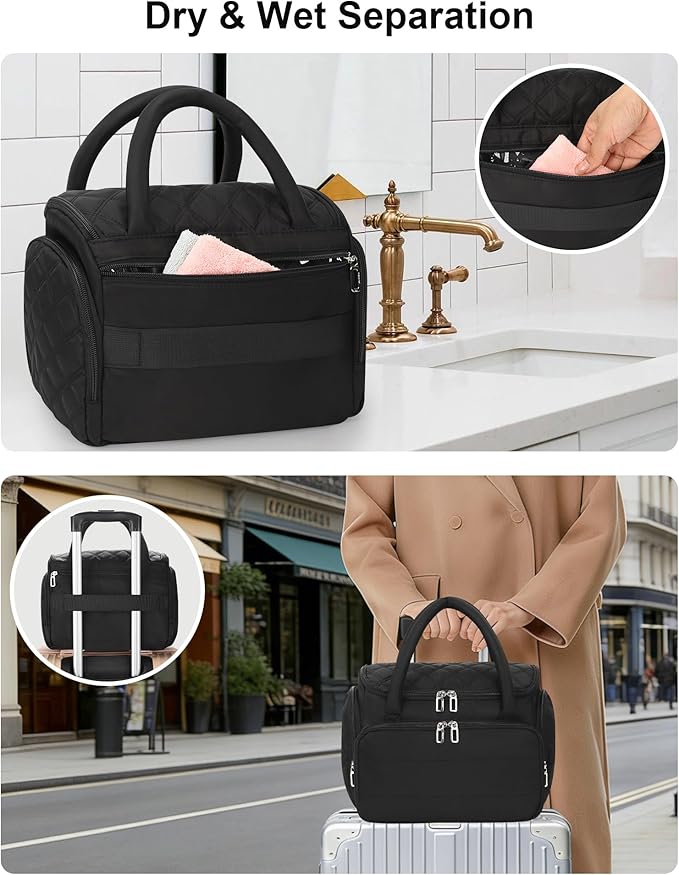 Hanging Toiletry Bag for Women - Travel Makeup Organizer with Brush Compartment, Portable Toiletry Bag with Removable Dividers for Full-size Container, Lightweight Cosmetic Case for Trip - Black
