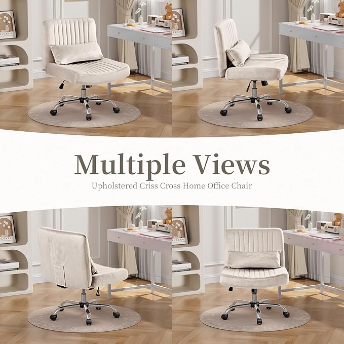 Velvet Office Chair, Luxury Criss Cross Chair with Wheels, Comfy Cross Legged Desk Chair for Home Office, Height Adjustable Vanity Chair, Wide Seat Computer Chair, Gift for Girlfriend, Beige