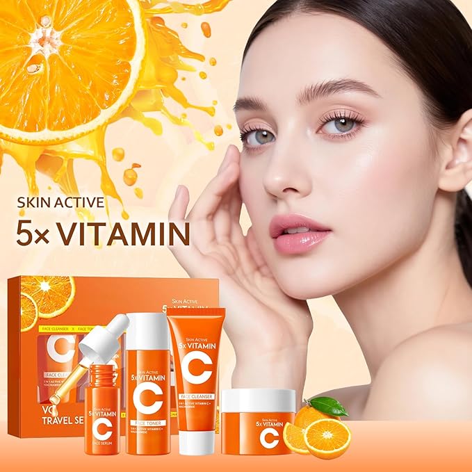 4-in-1 Skincare Kit for Women, Vitamin C Skincare Kit with Facial Cleanser, Toner, Serum and Face Cream