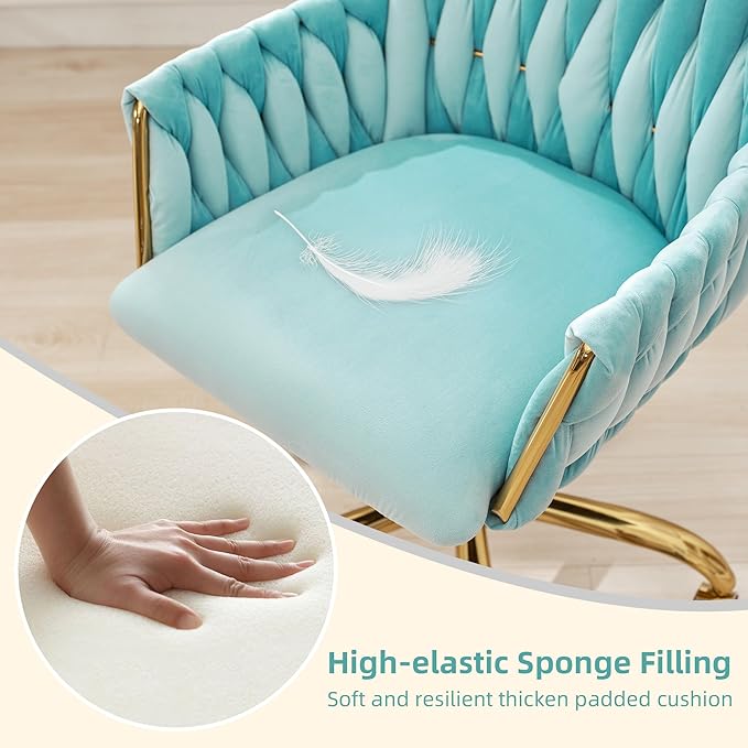 ABET Velvet Desk Chair with Wheels, Cute Upholstered Swivel Office Chair, Modern Gold Rolling Hand Woven Height Adjustable Armchair for Women Girls Home Makeup, Vanity, Nail Salon, Light Blue