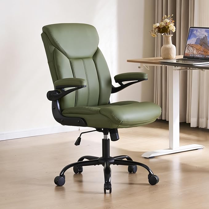 Home Office Ergonomic Desk Chair - Comfy Leather Executive Chair with Flip-Up Armrests, Lumbar Support, 360° Swivel & Rocking (Green)
