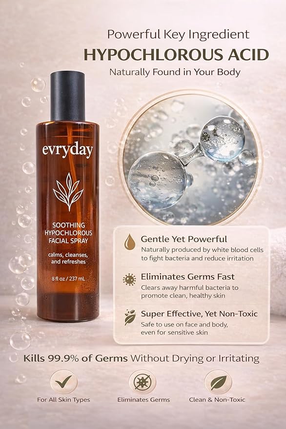 evryday™ Hypochlorous Acid Spray for Face and Body 8oz | Gentle Facial Hydration Mist for Sensitive, Irritated and Acne-Prone Complexions | pH-Balanced Daily Toner & Piercing Care Support