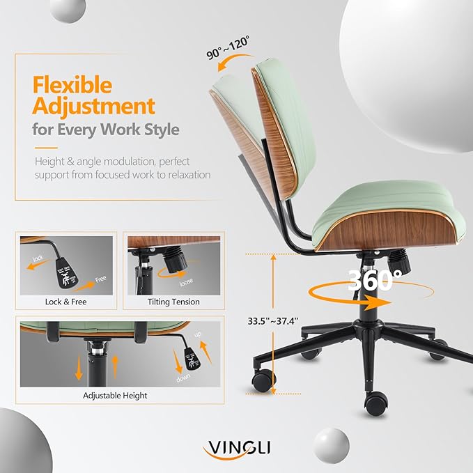 VINGLI Wide Curved Seat&Back Armless Home Office Chair,Ergoromic Adjustable-Height Desk Chair,Swivel&Tilting Function,Stylish Walnut Task Chair for Meeing Room,Dining Room,PU,Olive Green
