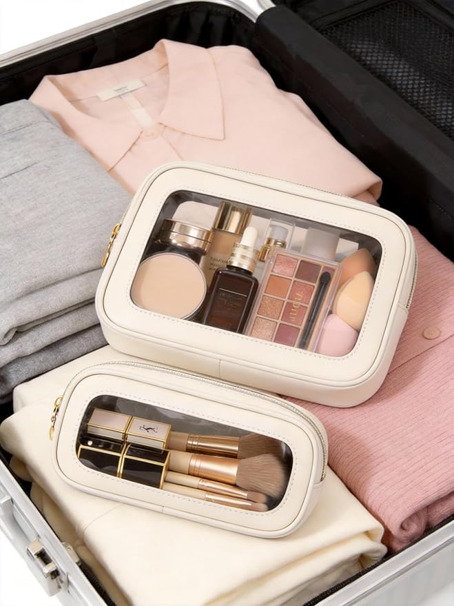 2Pcs Clear Makeup Bags Set, Clear Travel Makeup Brush Holder Leather Makeup Case Toiletry Bag with Zipper Portable Cosmetic Pouch Waterproof Makeup Brush Storage Bag Car Bag for Essentials (White Set)