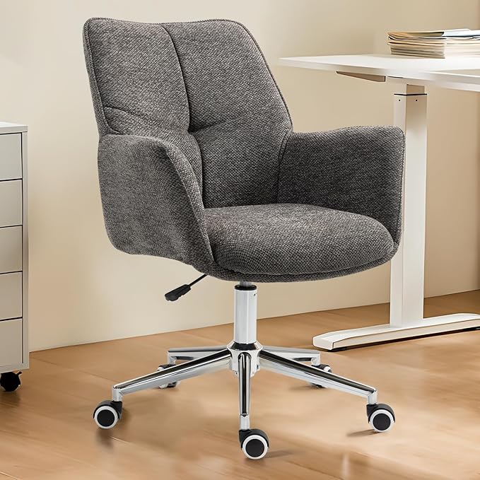 Home Office Desk Chair Swivel Ergonomic Computer Chair with Rolling Wheels, Adjustable Height Accent Armchair Chenille for Living Room (Darkgray)