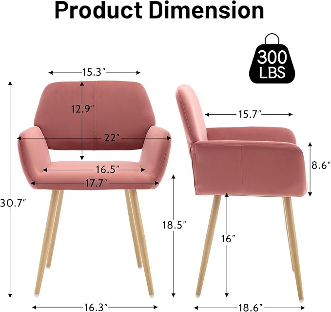 KCC Small Modern Dining Room Arm Chairs 1 Piece, Mid-Century Upholstered Velvet Side Seat Club Guest with Metal Tube Legs for Kitchen, Living Room, Rose