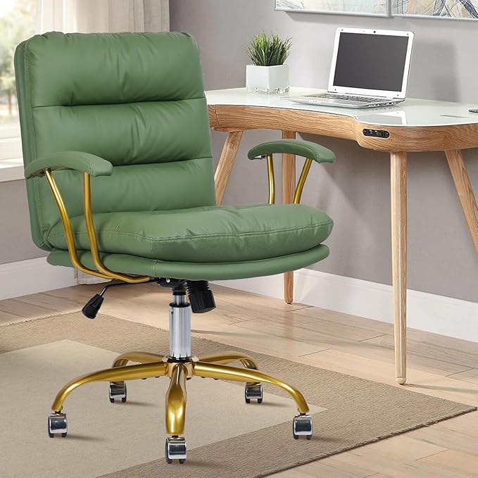 Leather Home Office Desk Chair, Mid-Back Vanity Chair Make Up Chair with Gold Wheels and Armrests, Rolling Swivel Computer Task Chair for Office Bedroom Living Room Girls Women, Green, 8 Pack
