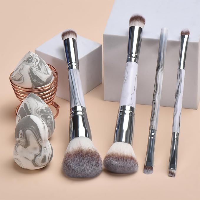 Grey Makeup Brushes set, 4 Dual-Ended Brushes, 3 Makeup Sponges & 1 Metal Stand, Professional Complete Cosmetic Brush Set, for Foundation Powder Blush Eyeshadow