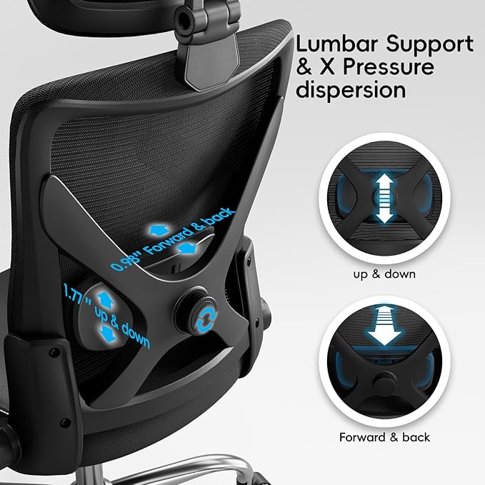Ergonomic Office Chair-Computer X-Shaped Chair Mesh PU Leather with Adjustable Lumbar Support-Executive Desk Chair High Back with Headrest Flip-Up Arms for Long Hours (Black)
