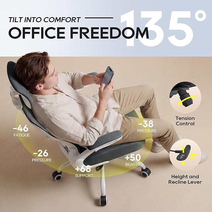 Ergonomic Office Chair, High Back Mesh Desk Chair with Adjustable Lumbar Support & Headrest, Flip-up Armrest, Computer Task Chairs for Home and Executive Office (W-Dgrey)