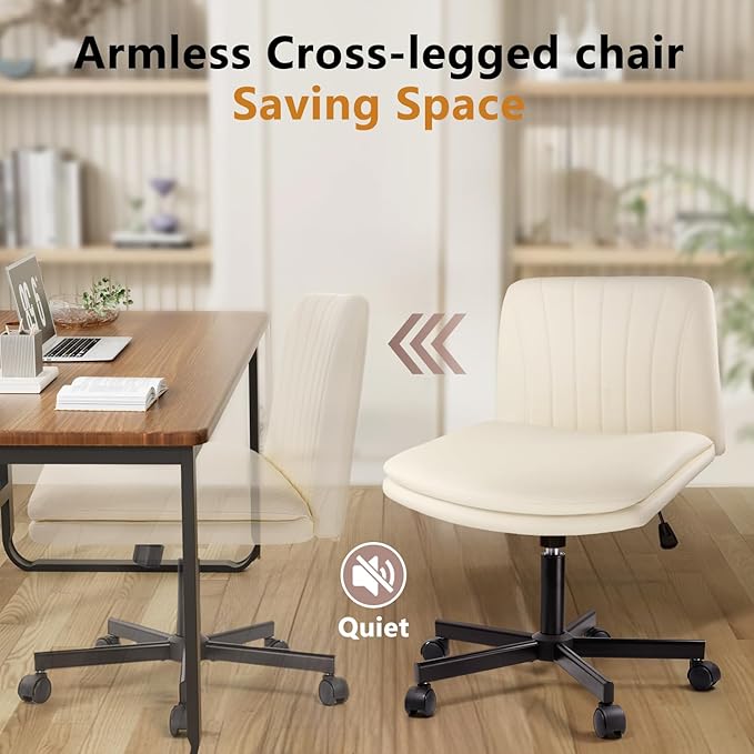 Criss Cross Chair with Wheels, Cross Legged Office Vanity Chair with Wheels, Comfortable Beige Vanity Stool with Back, PU Leather Armless Wide Swivel Criss Cross Desk Chair for Home Office