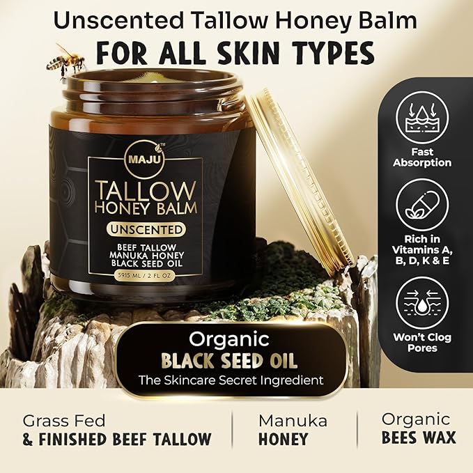 MAJU Beef Tallow Manuka Honey Balm, Unscented (2 oz), Grass-Fed Beef Tallow for Skin with Organic Black Seed Oil, Manuka Honey and Organic Beeswax, Skin and Face Moisturizer for Deep Hydration