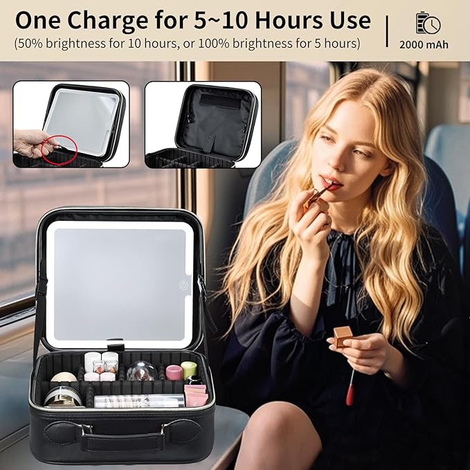Travel Makeup Bag with LED Mirror 3 Color Modes,10.2-in Black Vegan Leather Makeup Organizer Bag with Adjustable EVA Dividers and Independent Brush Panel