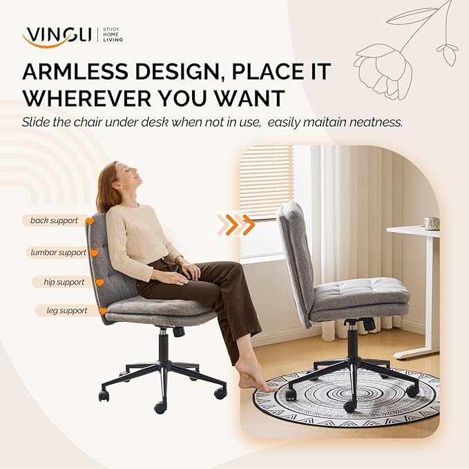VINGLI Mid Back Armless Office Desk Chair with Wheels/no Wheels,360°Rocking Swivel Vanity Chair with Thickened Cushion,Adjustable Height Rolling for Reading Room, Make up, Linen Dark Grey