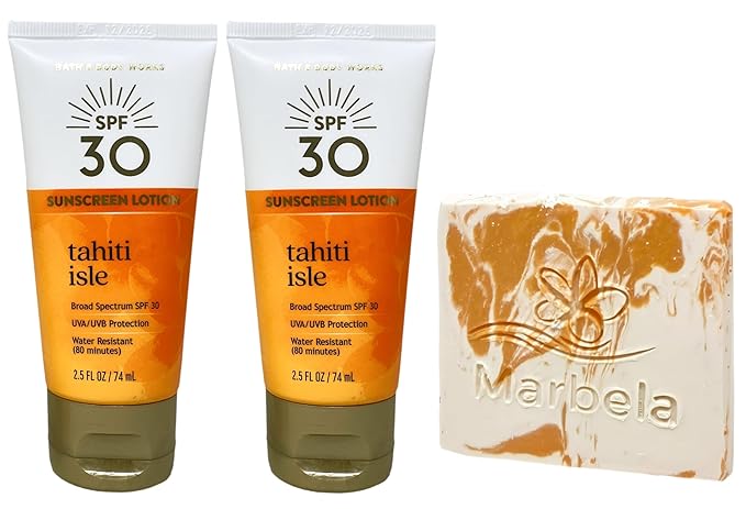 Bath & Body Works Tahiti Isle 2 SPF 30 Sunscreen Lotions Travel Size with a Peach Gardenia Sample Soap