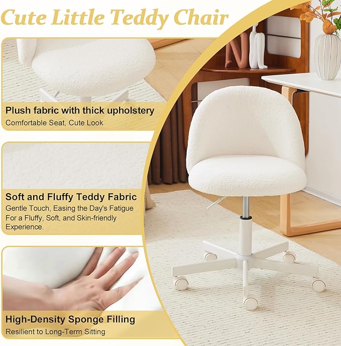 VINGLI Modern Vanity Chair with Back, Velvet Desk Chair for Girls, Small Office Chair with Silent Wheels， Stylish and Comfortable, White