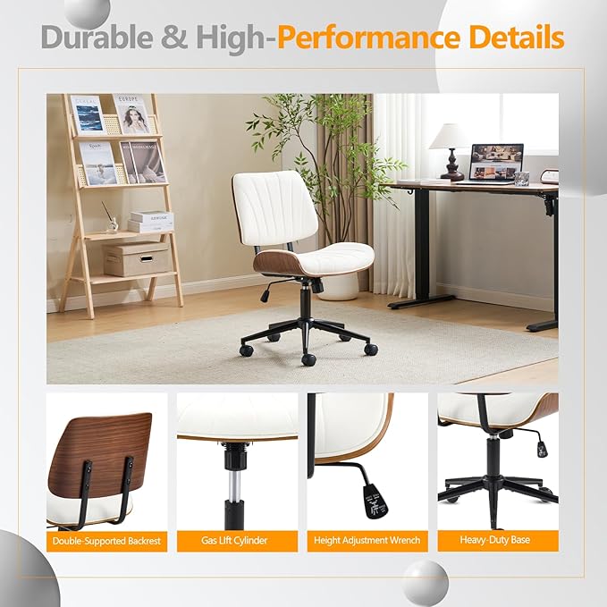 VINGLI Wide Curved Seat&Back Armless Home Office Chair,Ergoromic Adjustable-Height Desk Chair,Swivel&Tilting Function,Stylish Walnut Task Chair for Meeing Room,Dining Room,PU, White