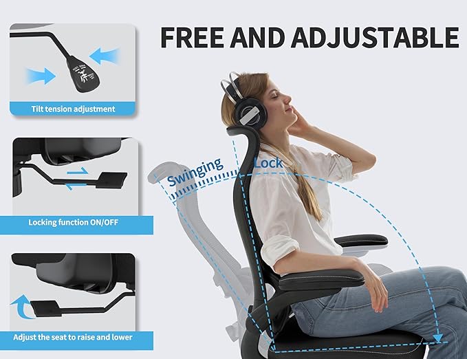 TRALT Ergonomic Office Chair - Desk Chair with Wave High Back Adjustable Lumbar Support Computer Chair - Gaming Chairs Mesh Backrest and PU Leather Seat for Home Reading Chairs to Adults(Black)