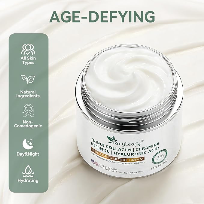 Retinol Cream, Anti-Aging Face Moisturizer, Anti-Wrinkle, Smooth Fine Lines, Hydrating, Collagen, Hyaluronic Acid, Day and Night Skin Care, Suitable for Face and Neck -Made in USA-1.7 fl oz