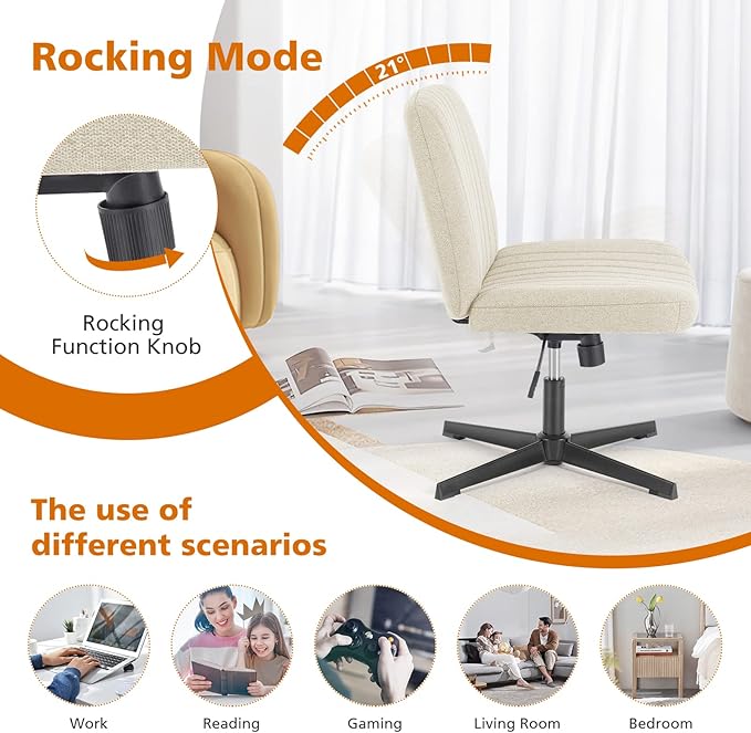 Sweetcrispy Criss Cross Chair Legged, Armless Office Swivel Desk Chair No Wheels, Vanity Height Adjustable Wide Seat Comfy Cute Computer Task Seating for Home Bedroom