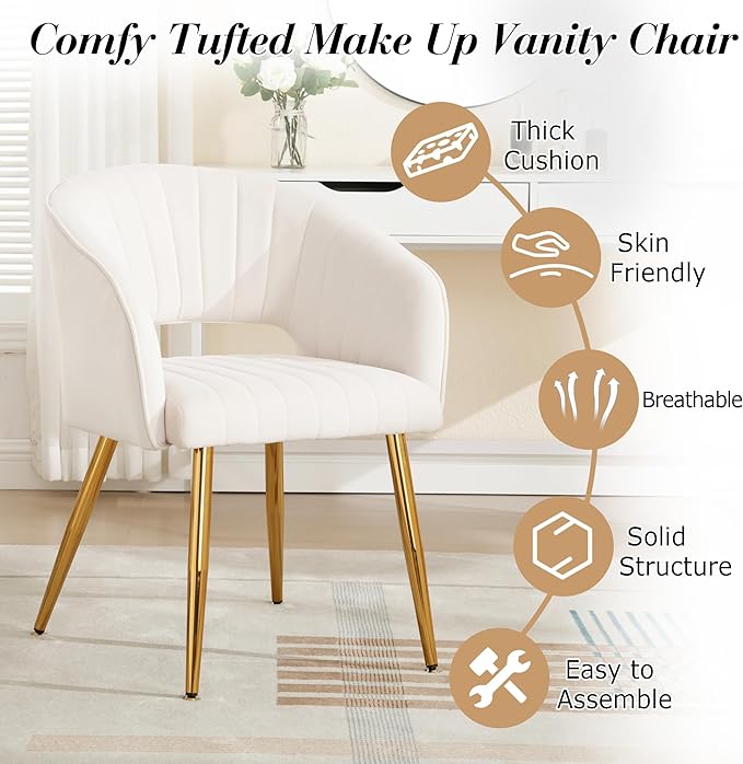 Modern Velvet Vanity Chair, Home Office Desk Chair with Hollow Back, Upholstered Dining Chair with Gold Metal Legs, Comfy Accent Armchair for Living Room Bedroom, Beige