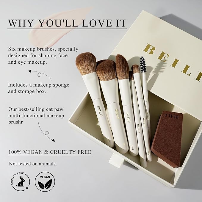 BEILI Mini 6Pcs Makeup Brush Set – Elegant Off White, Professional Travel Brushes for Foundation, Contour, Highlighter & Blending, with Sponge and Gift Box