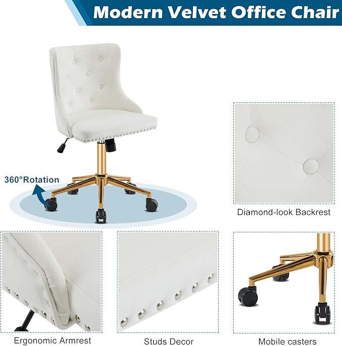 VINGLI White Velvet Armless Home Office Desk Chair with Gold Base/Wheels, Small Cute Vanity/Makeup Chair with Back for Bedroom, Upholstered Adjustable Rolling Swivel Nail Chair for Women/Girls