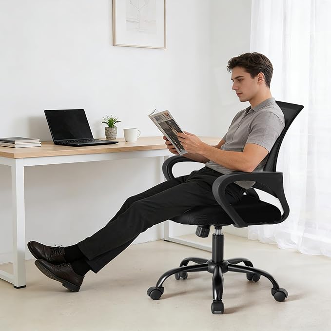 NEWBULIG Ergonomic Computer Desk Chair, Home Office Rolling Task Chair Mid-Back Swivel with Breathable Backrest and Lumbar Support, Mesh Office Chairs for Adults Home Gaming, Black 1 Pack