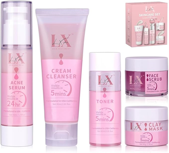 Daily Acne Essentials Kit - 5 Step Facial Skincare Set with Cleanser, Face Scrub, Clay Mask,Toner & Acne Serum, Complete Acne Skin Care Kit, Wash Away Impurities To Reveal Glowing Skin