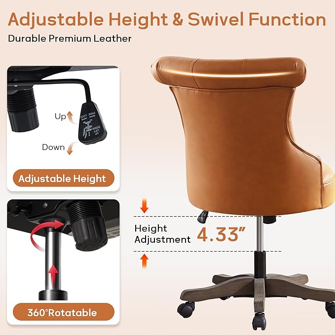 HUIMO Home Office Chair Upholstered Armless Desk Chair with Wheels Adjustable Height Computer Desk Chair with Wooden Legs Comfortable Swivel Chair for Home Office Study Studio (Caramel Brown)