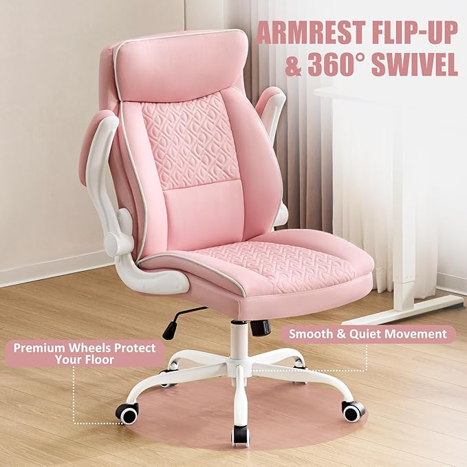 Leather Office Chair, Computer Desk Chair with Lumbar Support,Height Adjustment, Comfortable Excutive Task Chairs 400lbs with Padded Flip-up Armrests, Pink
