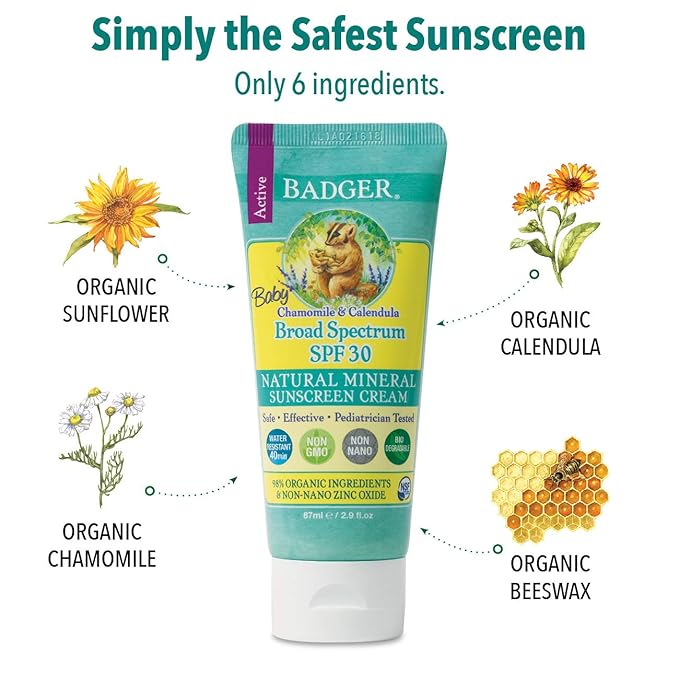 Badger - SPF 30 Baby SunscreenCream with Zinc Oxide - Broad Spectrum & Water Resistant, Reef Safe Sunscreen, Natural Mineral Sunscreen with Organic Ingredients 2.9 fl oz