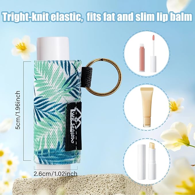 WK IEASON 8PCS Lip Balm Holder Keychain Bulk Holder made for Chapstick Holder Key chain Lip Gloss Sleeve Holder -Elastic Holder Sleeve for Fat and Slim Lip Balms&Gloss and Lip Sticker(8pcs Floral C)