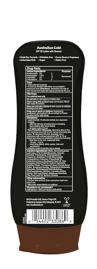 Australian Gold Sunscreen Lotion with Instant Bronzer, Broad Spectrum, Water Resistant, Non-Greasy, Oxybenzone Free, Cruelty Free, SPF 30, Coconut, 8 Fl Oz (A70902) (Pack of 3)