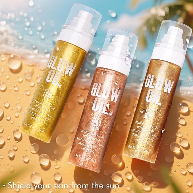 Body Glow Oil, Broad Spectrum SPF 50, Glitter Shimmer Sunscreen Body Oil Lotion with Sequin Mica, Lightweight Non-Sticky Moisturizer with Coconut, Skin Illuminator Glowing Results (03# Gold)