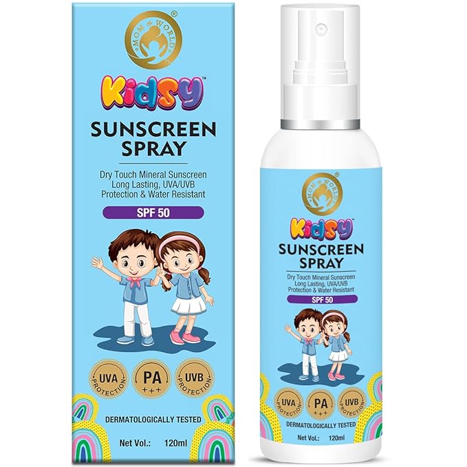 Mom & World Mineral Based Kids Sunscreen Spray SPF 50, Water Resistant, UVA/UVB PA+++, 120ml - Safe for Baby and Kids