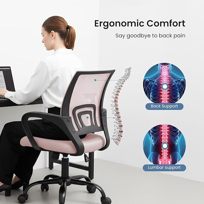DUMOS Office Desk Chair - Ergonomic Mid Back with Lumbar Support & Rocking Mode, Height Adjustable with Fixed Armrest, for Computer, Gaming, Conference, Meeting Room, 360° Swivel, Pink
