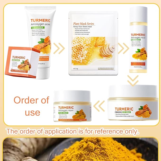 Turmeric Skin Care Set,9 Pcs Turmeric Skin Care Kit with 3 Honey Sheet Masks,Turmeric Soap Bar,Face Wash,Toner,Face Serum,Face Moisturizer Cream,Eye Cream