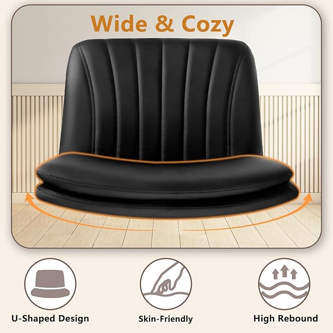 Criss Cross Chair, PU Leather Vanity Chair with Wheels, Armless Cross Legged Home Office Chair, Wide Seat Swivel Criss Cross Desk Chair, Height Adjustable Vanity Chair with Back, Black