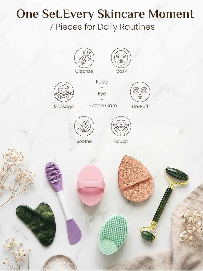 Rena Chris Gua Sha and Face Roller Set - 7 in 1 Face Skin Care Tools with Facial Cleansing Brush, 2 Silicone Scrubber Pads & Face Sponge, Travel Bag, Beauty Gift for Women