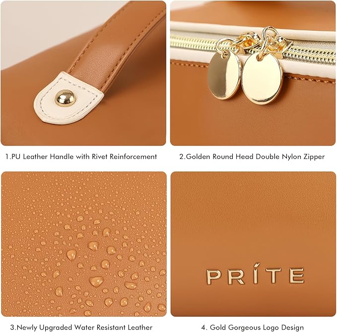 Prite Makeup Bag for Women Travel Waterproof Vegan Leather Cosmetic Bag Open Flat Toiletry Bag With Clear Divider and Handle (Large Brown)