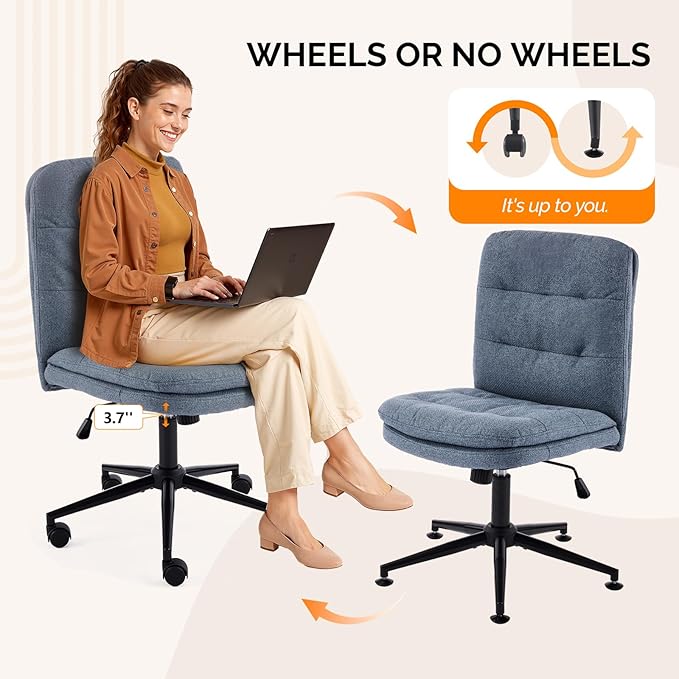 VINGLI Mid Back Armless Office Desk Chair with Wheels/no Wheels,360°Rocking Swivel Vanity Chair with Thickened Cushion,Adjustable Height Rolling for Reading Room, Make up, Linen Navy Blue